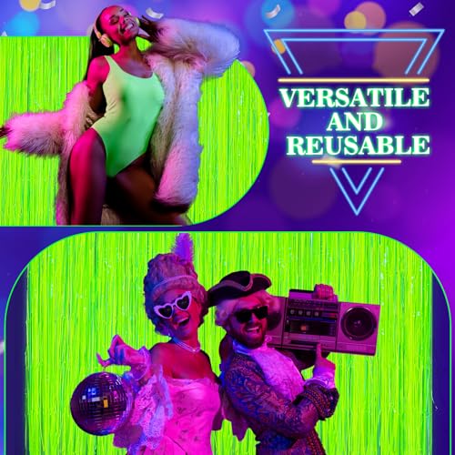 Image of 2 Pack Glow in The Dark Party Curtains, Neon Party Decorations 6.6 x 6.6 ft Fluorescent Macaron Yellow Tinsel Foil Fringe Curtains, Photo Booth Prop Backdrop Streamers, Birthday Halloween Party Decor