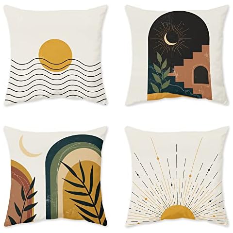 Mitpok Abstract Boho Sun Outdoor Pillow Covers Mid Century Modern Rainbow Throw Pillow Terracotta Bohemia Moon Pillow Cushion Case Decorative Pillow for Bed Sofa Couch Decor 18Wx18L Inch Set of 4 Cover
