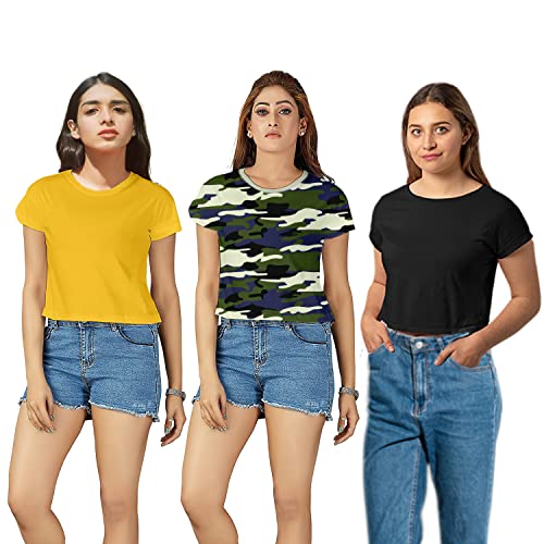 Image of Hangout Hub Women Crop Top T-Shirts | Round Neck Plain Solid Tshirts | Double Weaved | Shrink Free Tees | Casual T-Shirt for Woman Ladies Girls(Cotton|Pack of 3)