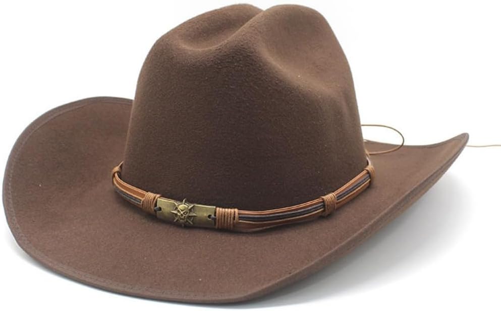 Classic Western Cowboy Hat, Tan Felt with Leather Band, Wide Brim, Decorative Metal Accent