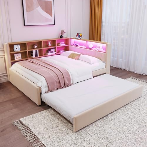 Tagesbett Schlafsofa 140x200 cm, Polsterbett Multifunktionsbett mit Ausziehbarem Bett 90x190 cm&USB-Steckdose&LED Leuchten& Mehreren Ablagefächern, Doppelbett mit Lattenrost, Ohne Matratze, Beige