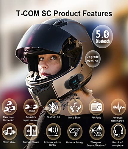 Motorcycle Helmet Communication System T-Com Sc 2Pack,2-Way 800M Universal Pairing Helmet Bluetooth5.0 Intercom Kit For Motorbike,Interphone With Lcd Screen/Music Sharing/Fm Radio/Siri/Ip65/2 In1 Mic #TOP1