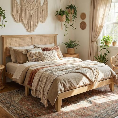 GAOMON King Size Rattan Bed Frame, Rattan Bed Frame with LED Light & Natural Headboard, Boho, Storage Space Underneth, Sturdy Wooden Slats Support, No Box Spring Needed