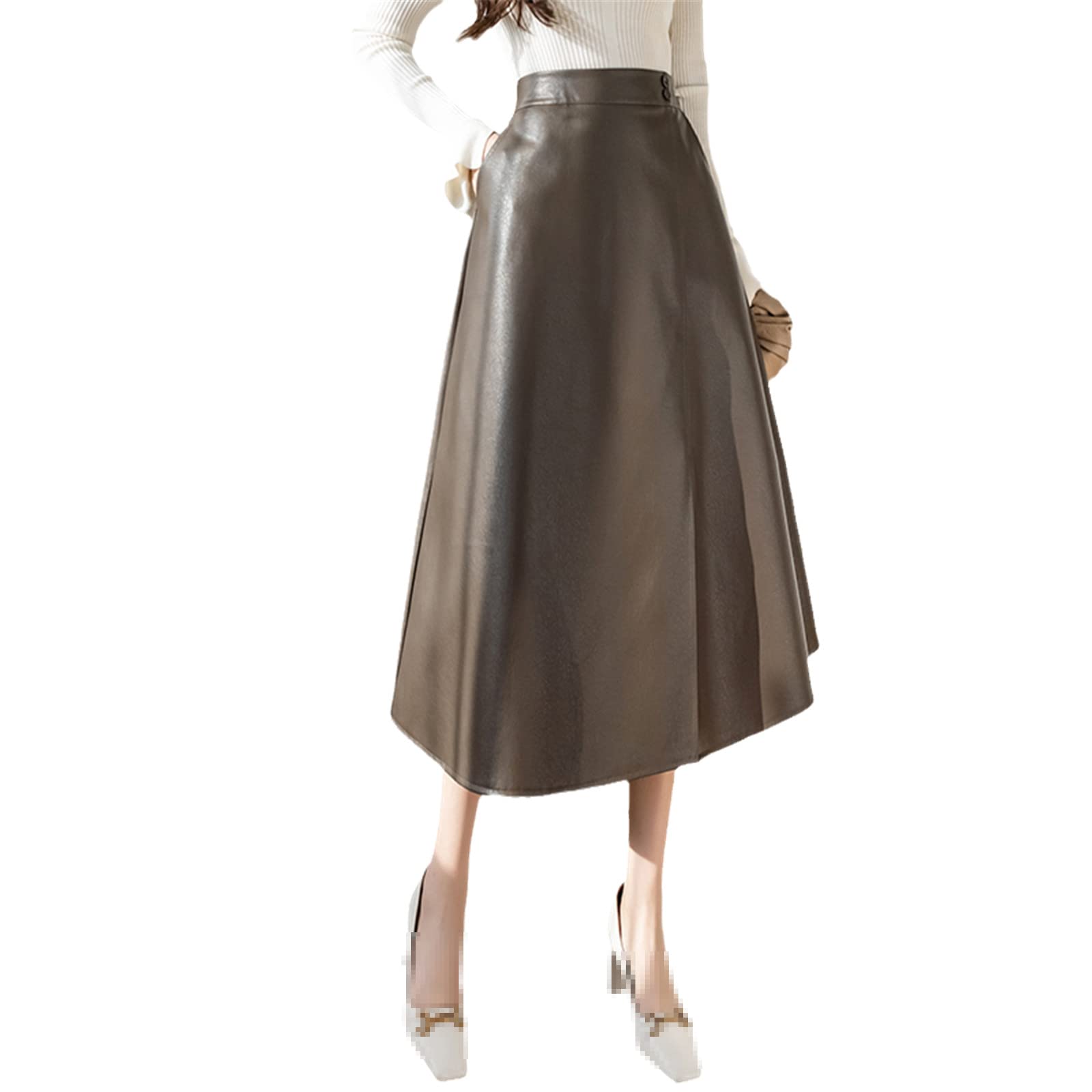 Gonne lunghe da donna in pelle nera PU elastico a vita alta Vintage ombrello A-Line gonne femminili autunno inverno, Caff, M