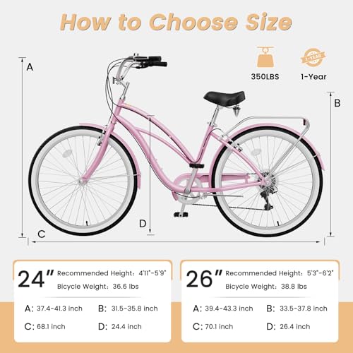 Image of MOONCOOL Beach Cruiser Bike for Women and Men, 24 /26 Inch 7-Speed Adult Bicycle, Comfortable Step-Through Frame with Rear Rack, Classic City Cruiser