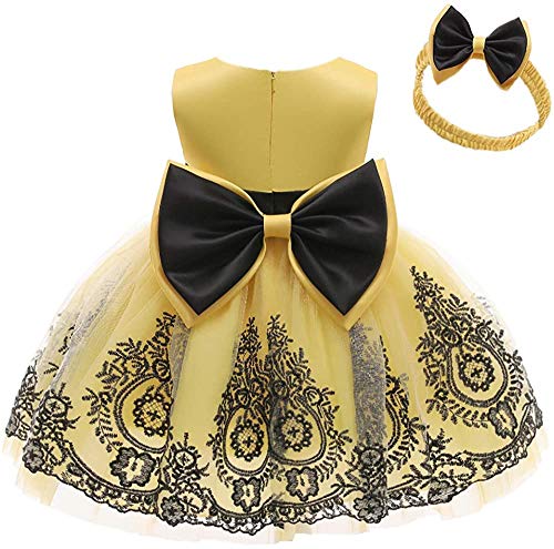 AVAZU 0-6T Easter Big Bowknot Pageant Lace Embroidery Dress Toddler Baby Girls Party Ball Gown Dress Tutu Gown Formal Dresses with Headwear Black+Yellow 110