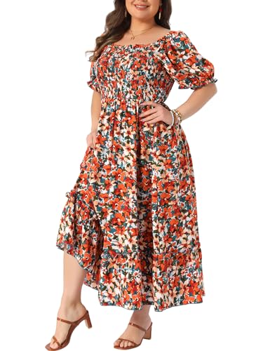 Image of Agnes Orinda Plus Size Dress for Women Short Sleeve Shirred Square Neck Floral Maxi Long Dresses