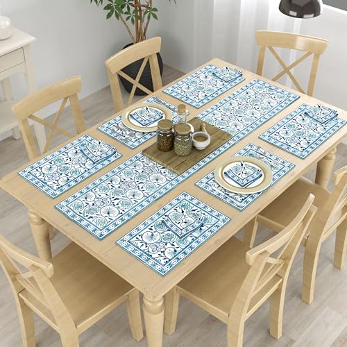 Image of BLOCKS OF INDIA Hand Block Printed Cotton Table Runner, Mat and Napkin Set of 13 pc for Center /Dining Table (Blue Green Jaal)