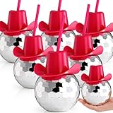 Noamus 6 Packs Disco Ball Cup Pink Straw, 22oz Flash Ball Party Cups with Cowboy Hat Lid, 70s Silver Glitter Cocktail Spherical Glass, Wine Drinking Syrup Tea Bottle for Bar Nightclub Supply Halloween