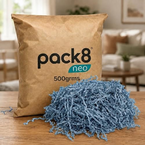 Image of Pack8neo Shredded Paper Grass Cutting For Giftpacking Fill for Gift Baskets and Boxes (1000g)| Eco-friendly grass paper, Crinkle Cut, Gift Packaging Protection & Decoration Material, Blue, 1kg