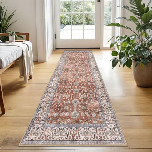 KUTA Runners for Hallways 2x5 ft, Vintage Floral Rug Red Clay