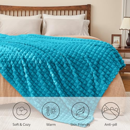 Image of BEDELITE 3D Checked Teal Fleece Twin Throw Blanket for Bed, 60x80 Inch