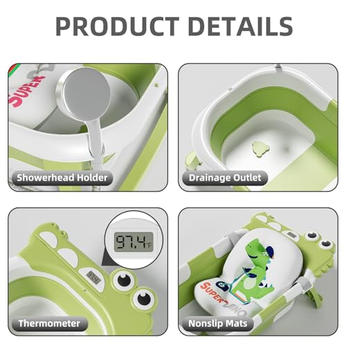 Image of Collapsible Baby Bathtub for Newborn, Foldable Baby Bath Tub with Thermometer & Soft Floating Cushion & Drain Hole, Portable Travel Infant Bath Tubs for Newborns to Toddler 0-36 Months Girl, Green