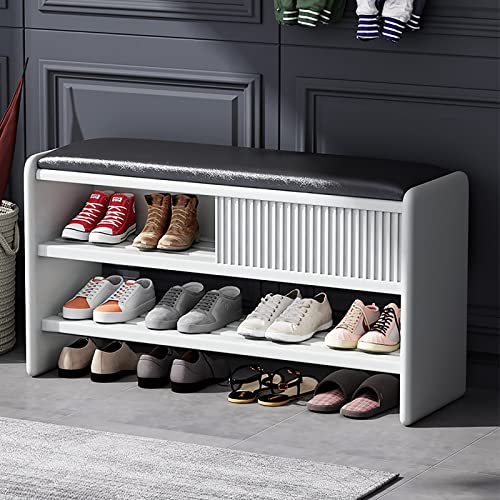 Banco de almacenamiento de zapatos moderno – Mueble de entrada de madera con cojín de cuero tapizado zapatero y nizer de pasillo – Elegante diseño blanco y negro, 80 x 30 x 45 cm
