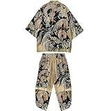 DOSLAVIDA Men's Kimono Cardigan Set Lightweight 2 Piece Vacation Outfits Japanese Open Front 3/4 Sleeve Shirt & Shorts
