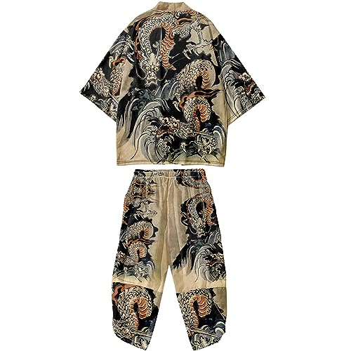 DOSLAVIDA Men's Kimono Cargigan Suits Lightweight 2 Piece Beach Outfits Japanese Open Front 3/4 Sleeve Shirt & Shorts, Khaki, X-Large