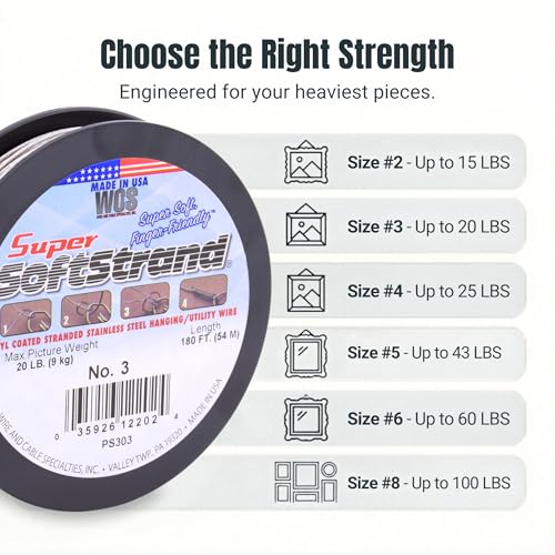 Image of Super Softstrand Extra Heavy Duty Picture Hanging Wire #8 for Heavy Mirrors & Gallery Displays, Low Stretch Stainless Steel Wire, 100 lb Capacity, 225 lb Break Strength, 125 Ft