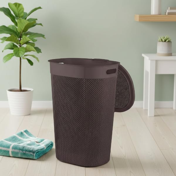 Image of KITCHIVO Plastic Large 55 Ltr Laundry Basket with Lid & Handle | Multipurpose Hamper Bins Storing Washable Clothes, Blankets | Household Ideal for Home & Bathroom (Woods Beige Laundry Basket)