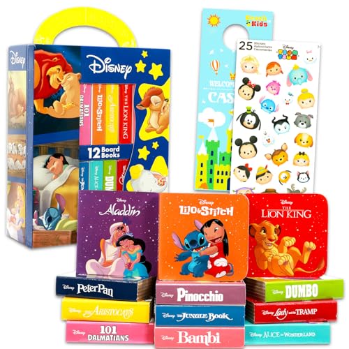 Disney Bedtime Stories Board Books Set Toddlers Babies Bundle - Pack of 12 Chunky My First Library Stackable Blocks Featuring Stitch, Lion King, More Plus Stickers | Disney Books for Infants