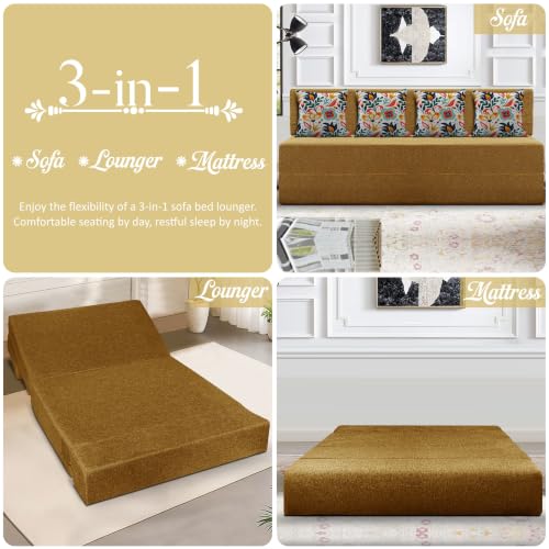 Image of Los Angeles Foldable Four Seater Sofa Cum Bed, Sofa Bed 6 X 6 Feet Jute Fabric Washable Cover- Including Cushion Perfect for Living Room - Golden