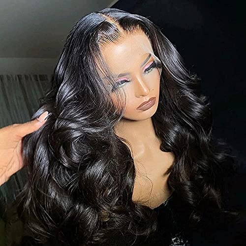 FUGADY Black Wig Lace Front Wig Black Curly Wig Lace Front Curly Wigs for Black Woman Body Wave Wig with Baby Hair Lace Frontal Natural Wave Wigs Synthetic Pre Plucked Natural Hairline(24 inches)