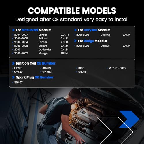 Image of 2-Pack UF295 Ignition Coils & 4-Pack 96457 Spark Plugs Kit Compatible with Mitsubishi Outlander 2003, Mirage 2000-2002, Lancer 2002-2007, Eclipse, Galant & Chrysler Sebring & Dodge Stratus