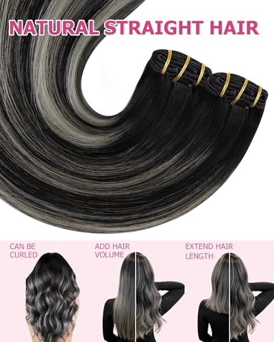 Image of YoungSee 150G Clip in Hair Extensions Balayage Black Mix Silver Hair Extensions Clip ins Black Ombre Clip in Human Hair Extensions Long Straight Hair 24Inch 7Pcs