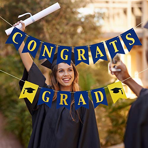 Image of Congrats Grad Banner Blue and Gold Glitter Congratulations Graduation Banner, Congrats Grad Sign Decorations for Congratulations College 2026 Graduation Party Decorations Blue and Gold