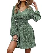 Veatzaer Women's Summer Short/Long Sleeve V Neck Balloon Sleeve Casual Smocked Waist Printed Mini...