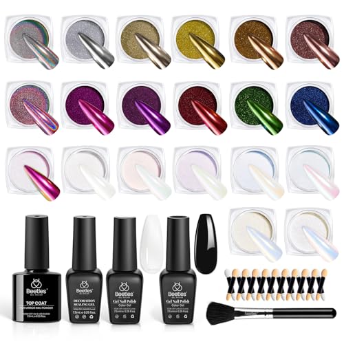 Beetles 20 Colors Metallic Chrome Nail Powder Kit 24Pcs Pearl Chrome Nails Powder Glitter Gold Silver Mirror Nail Art with Base Top Coat & Decoration Sealing Black Gel Nails Polish Gifts for Women
