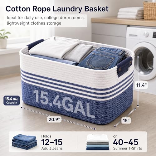 Image of Cotton Rope Laundry Basket Medium, 15.4GAL Collapsible Woven Storage Baskets for Living Room Kids Toys Stuffed Animal,Boho Rectangular Decorative Short Hamper for Dirty Clothes, Blankets Denim Blue