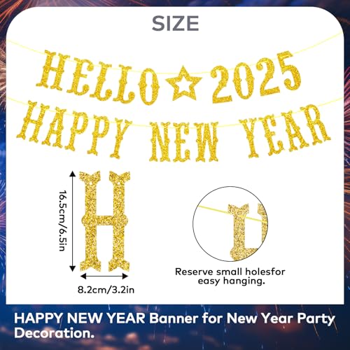 Glitter New Year Banner 2025 Bunting Banner Hanging Decorations, Hello 2025 Happy New Year Lettering Banner, 2025 New Years Eve Party Hanging Banner for Christmas New Year Party Home Bar Decoration - Image 3