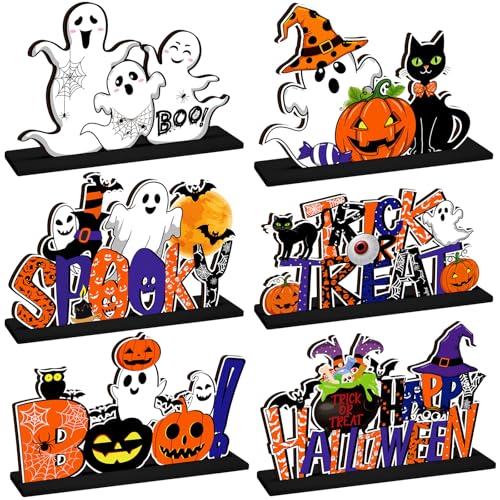 Image of CroBlissful 6 Pcs Halloween Table Centerpiece Decorations Trick or Treat Pumpkin Ghost Wood Centerpiece Happy Halloween Boo Spooky Wooden Signs Table Decor for Living Room Office Kitchen Party Decor