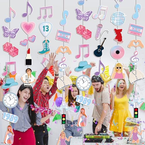 Image of 8PCS Music Garlands Banners, Pre-strung Singer Music Hanging Garland, Music Themed Party Decorations for Girls Women Backdrop Fans Birthday Bachelorette Baby Shower Bridal Shower