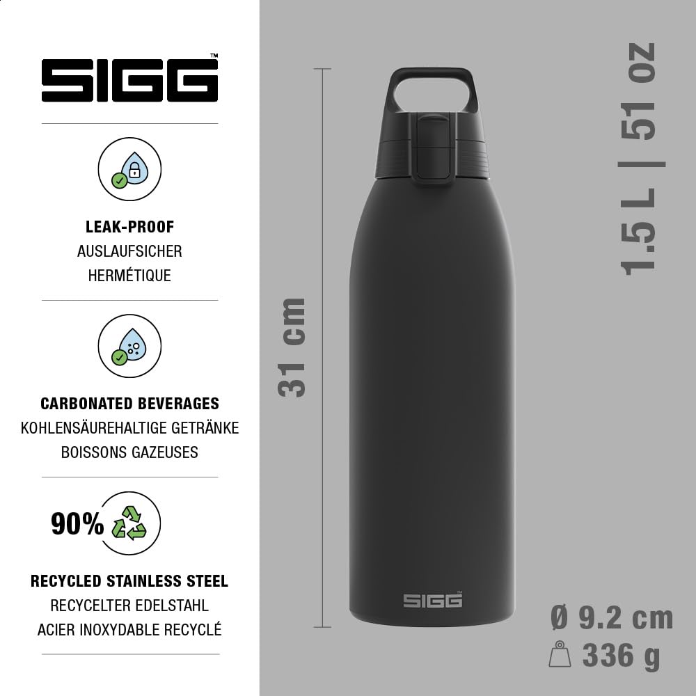 SIGG - Izolowana butelka na napoje – Shield Therm One Black – napoje gazowane – szczelna – nadaje się do mycia w zmywarce – nie zawiera BPA – 90% stal nierdzewna pochodząca z recyklingu – czarna, 1,5