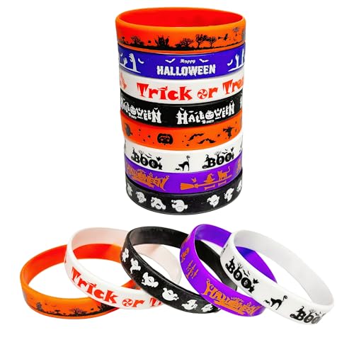 Piatoeke 56PCS 8 Style Silicone Stretch Halloween Bracelets Bulk Party Wristbands for Kids Men Women Party Surprise Gift (56 Small Size) (Halloween style silica gel)
