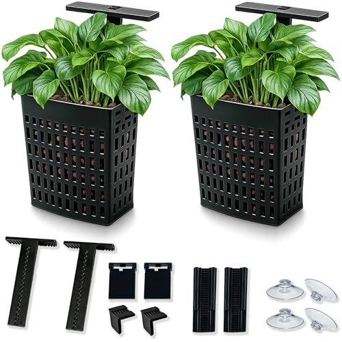 2 Pack Upgraded Adjustable Aquarium Plant Holder Top Hanging Design Fish Tank Plant Holder Adjustable Width Height Fits Tank Edges up to 2.3 in for Aquaponic Plants and Aquascape Decoration Black