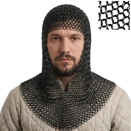 Mythrojan Chainmail Coif Medieval Knight Renaissance Armor Chain Mail Hood Viking LARP 16 Gauge Viking Knight Warrior Armour Costume Replica - Black Large