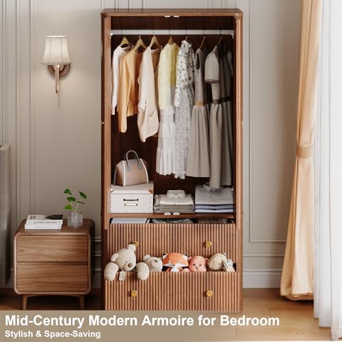 Armoire Wardrobe Closet with 2 Spacious Drawers, 66" Clothing Storage Organizer with Hanging Rod, Mid-Century Modern, Small Bedroom Friendly, Walnut Finish - Image 4