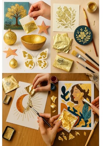 Image of UGLS Gold Leaf Sheets Art (8 x 8 cm, 100 Sheets) with 150 ml Golden Glue Gilding Adhesive | Gold Foil for Gilding, Resin Art, Mysore Painting, Arts & Crafts, DIY Crafts & Furniture Decoration