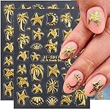 Golden Meeresschildkröte Kokosnussbaum Seestern Nagelsticker Sommer Tropischer Ozean Meer Strand Nagelaufkleber 5D Geprägte Relief Mond Sonne Schildkröte Palme Nail Sticker Nageldesign Nagel Zubehör