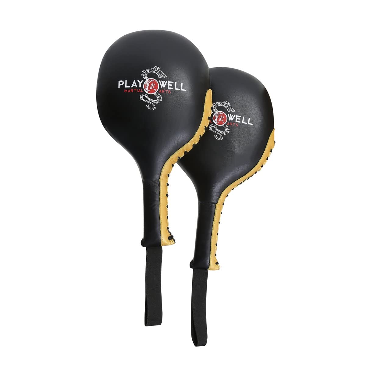 Playwell Champion Pro Paletas de boxeo de cuero genuino Negro/Oro Par