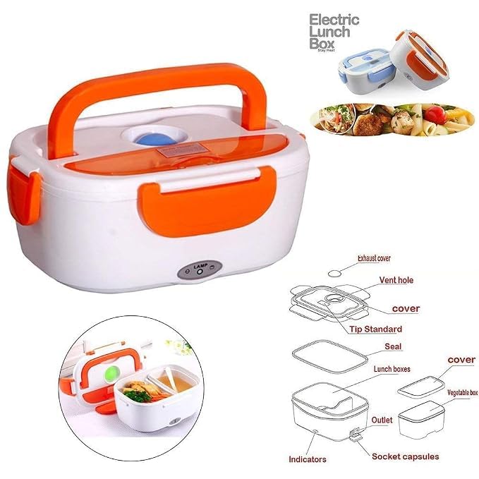 Image of Portable Electric Food Warmer Lunch Box in White and Orange with compartments and Heating Indicators for Convenient hot Meals on the go.