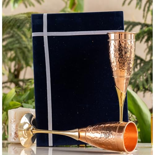 Image of INDIAN ART VILLA Copper Designer Champagne Glass with Brass Stand Set of 2 in Velvet Gift Box, 150 ML Each, Hammered Copper Flutes for Champagne, Cocktails, Parties, Weddings & Luxury Gifting