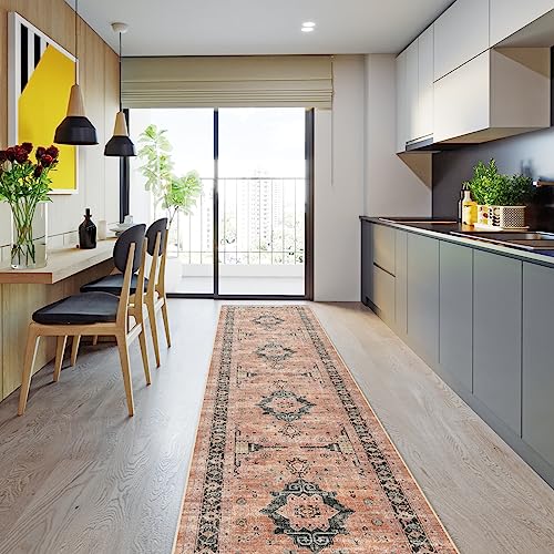 Hallway Washable Runner Rug - 2'6x12 Kitchen Rugs Entryway Rug Runner Vintage Soft Floor Mat Non Slip Indoor Farmhouse Carpet for Bathroom Living Room Bedroom (2'6''x12', Orange)