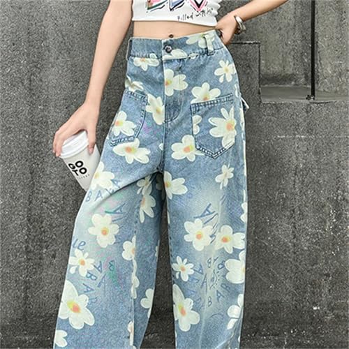 Girls Cute Flower Print Denim Pants High Waist Baggy Wide Leg Wash Jeans Children Street Active Denim Trousers3