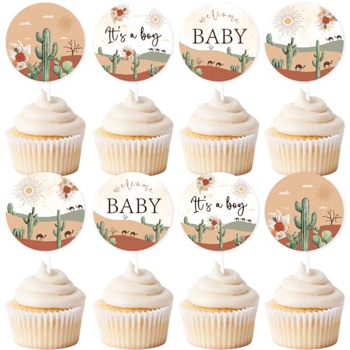 24Pcs Desert Theme Cupcake Toppers Desert Boho Cactus Cake Decorations It's A Boy Baby Shower Decorations Welcome Baby Cake Decor for Boy Western Retro Cowboy Horse Baby shower Birthday Party Supplies