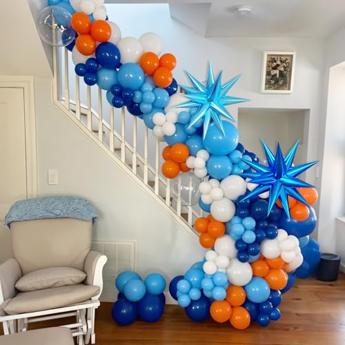 Image of Blue and Orange Balloon Arch Kit 120Pcs Light Blue White Orange Garland | Blue and Orange Balloon Arch Kit 120Pcs Light Blue White Orange Garland