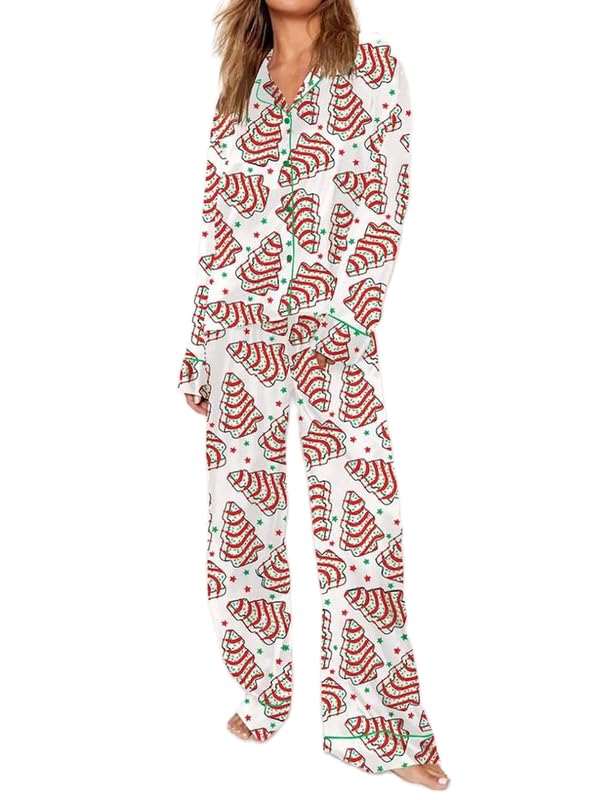 Seyurigaoka Satin Silk Christmas Pajamas Set for Women Cute Santa Claus Pjs Button Up Shirt+Pants 2 Piece Xmas Jammies(Cake Tree White L