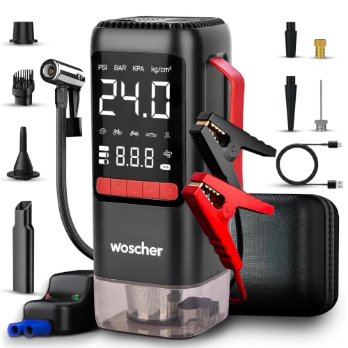Woscher BoostMax 6-in-1 Battery Jump Starter for Car | Portable Jump Starter with Digital Tyre Inflator 150 PSI & Vacuum Cleaner | 8000mAh | LED Light
